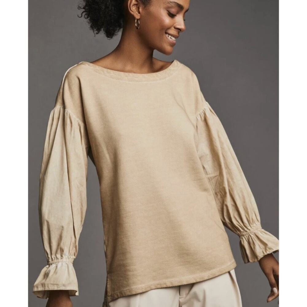 ANTHROPOLOGIE Pilcro Sweater Women Size M Oatmeal Mixed-Media Boat-Neck Pullover